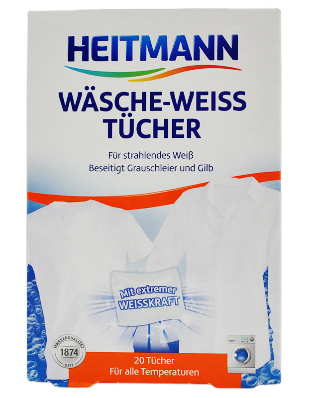 Салфетки при стирки белого белья Heitmann без отбеливателя  и для тонких тканей кроме шерсти и шелка.  20 шт.