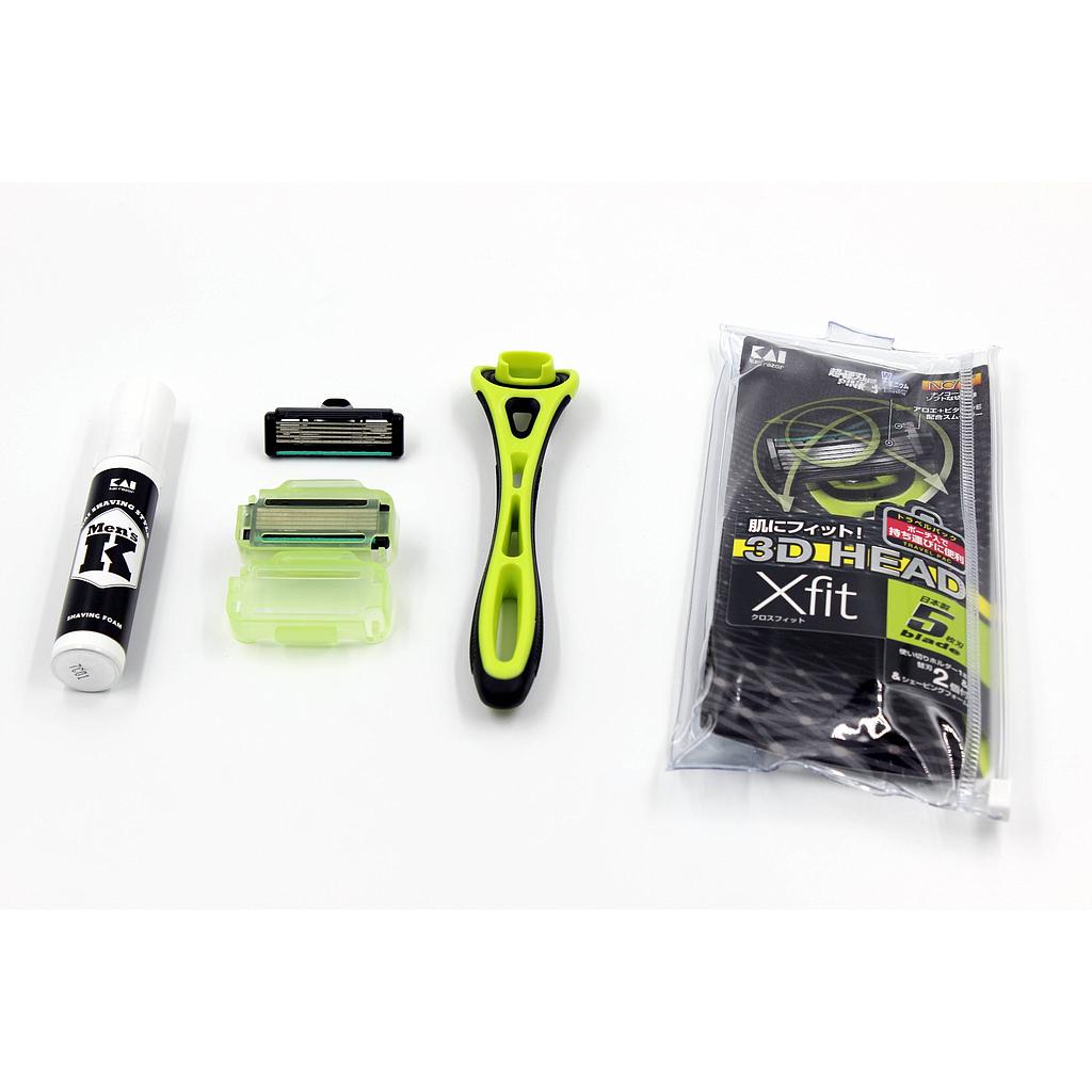 Мужской дорожный набор (бритвенный станок KAI Xfit, пена для бритья) (+ 4 сменных лезвия + пена 12 гр. + чехол с молнией), 1 шт.