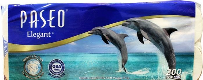 Туалетная бумага PASEO 4-х слойная, 200 листов х 10 рулонов в упаковке с рисунком дельфина