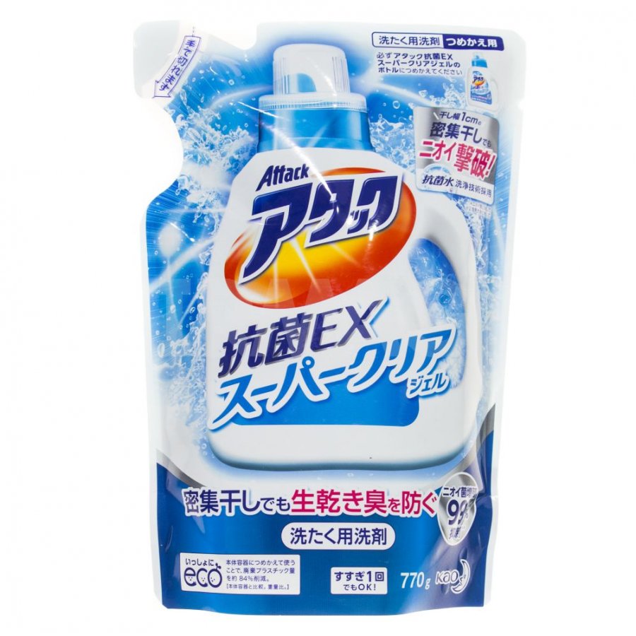 Высокоэффективный гель для стирки белья с антибактериальным эффектом КАО Attack ЕХ Super Clear, запасной блок 770 г