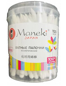 Палочки ватные косметические Maneki, серия Lovely, с белым пластиковым стиком, в пластиковом стакане, 100 шт