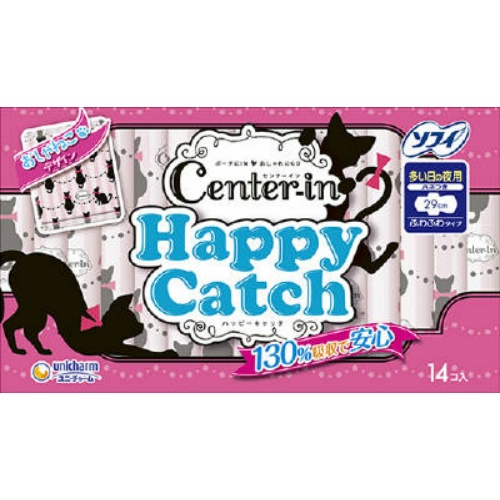 Ночные гигиенические прокладки для девочек-подростков UNICHARM Center-in Happy Catch, Super Night 29 см, с крылышками, пачка 14 шт.