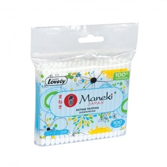 Палочки ватные гигиенические Maneki, серия Lovely, с голубым пластиковым стиком, в zip-пакете, 100 шт./упак