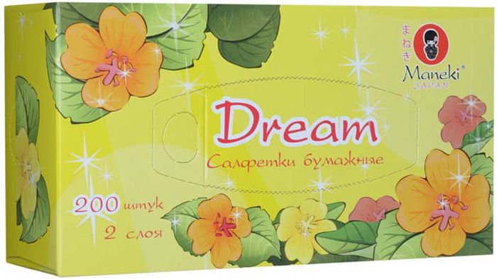 Салфетки бумажные Maneki, серия Dream 2 слоя, белые, 200 шт./коробка
