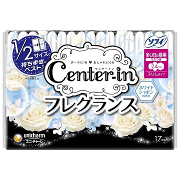 Гигиенические прокладки с ароматом садовых цветов UNICHARM Center-in Compact, Super 24 см, с крылышками, пачка 17 шт.