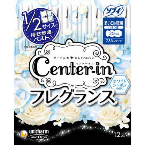 Ночные гигиенические прокладки с ароматом садовых цветов UNICHARM Center-in Compact, Normal 30 см, с крылышками, пачка 12 шт.