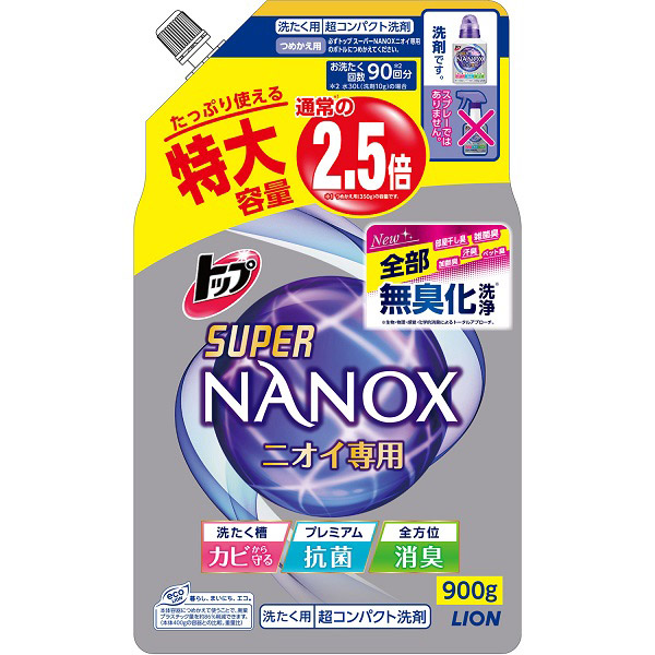 Гель для стирки LION TOP Super NANOX (концентрат для контроля за неприятными запахами), запасной блок с крышкой, 900 гр