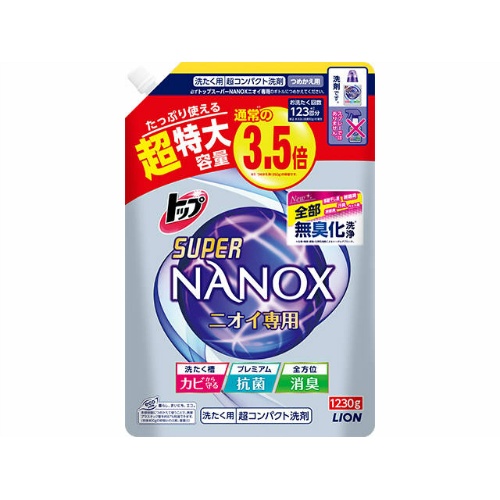 Гель для стирки LION TOP Super NANOX (концентрат для контроля за неприятными запахами) запасной блок с крышкой, 1230 гр