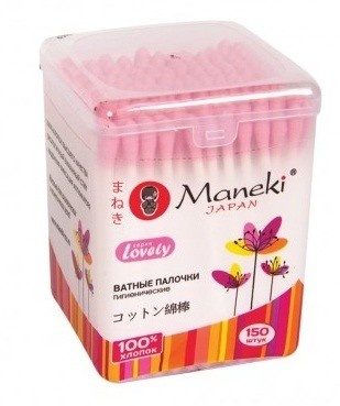 Палочки ватные гигиенические Maneki Lovely, с розовым бумажным стиком, в пластиковой коробке, 150 шт