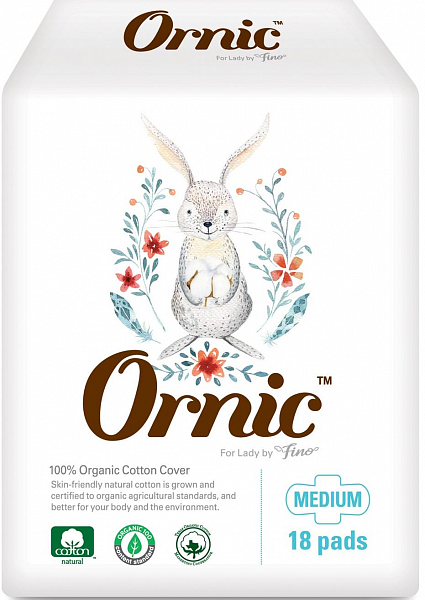 Классические тонкие гигиенические прокладки OrnicFino Medium (с крылышками (Стандарт) 25 см, 18 шт.)