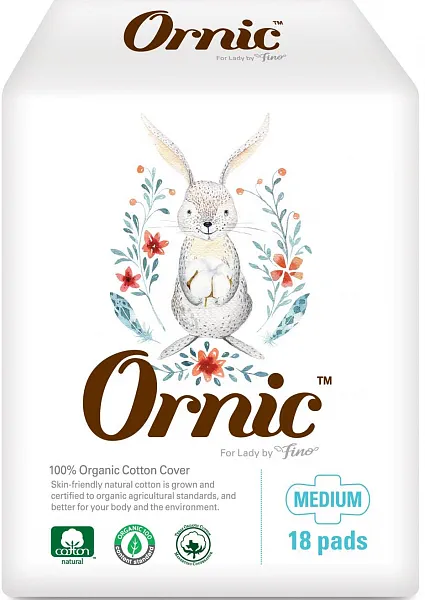 Классические тонкие гигиенические прокладки OrnicFino Medium (с крылышками (Стандарт) 25 см, 18 шт.)