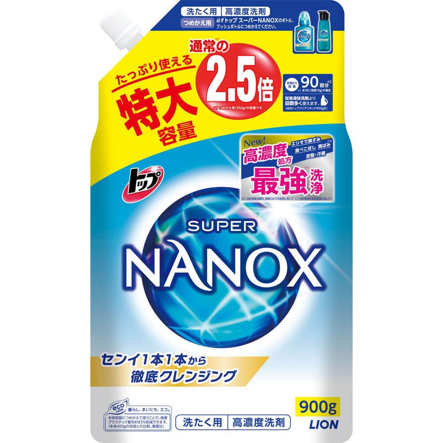 Гель для стирки LION TOP Super NANOX (концентрат) мягкая упаковка с крышкой, 900 гр