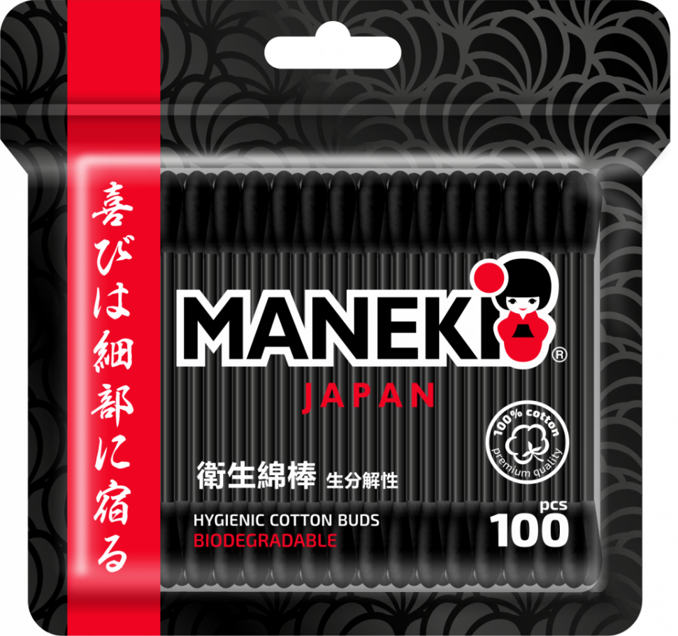 Палочки ватные Maneki B&amp;W, с черным бумажным стиком, в zip-пакете, 100 шт.