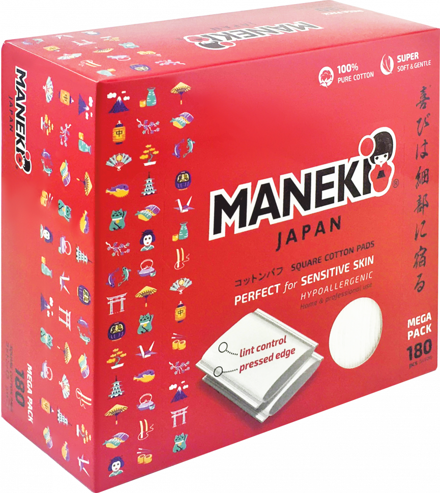 Подушечки ватные гигиенические &quot;Maneki&quot;, прямоугольные, с пресс-линиями, 180 шт.