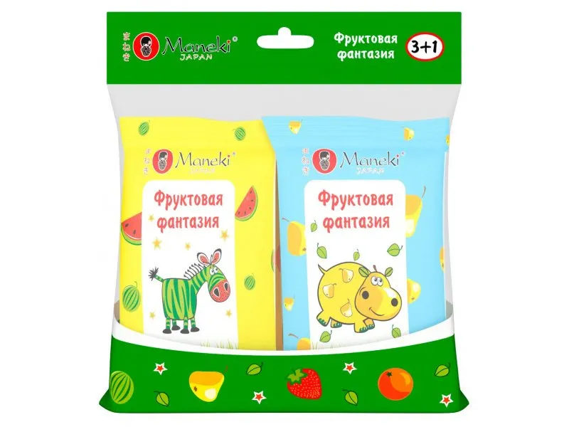 Салфетки влажные Maneki, серия Fantasy детские Фруктовая фантазия, 8 шт. * 4 уп.