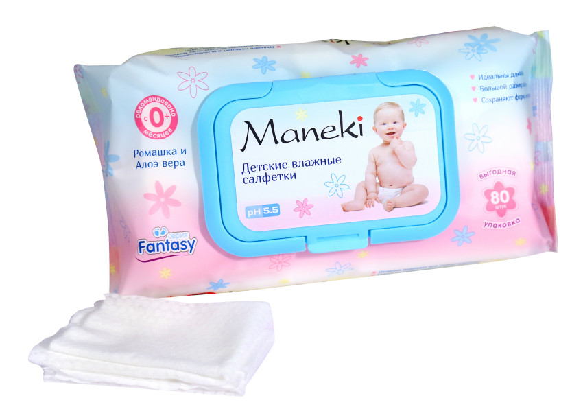 Салфетки влажные Maneki, серия Fantasy детские с экстрактом ромашки и алоэ вера, 80 шт.