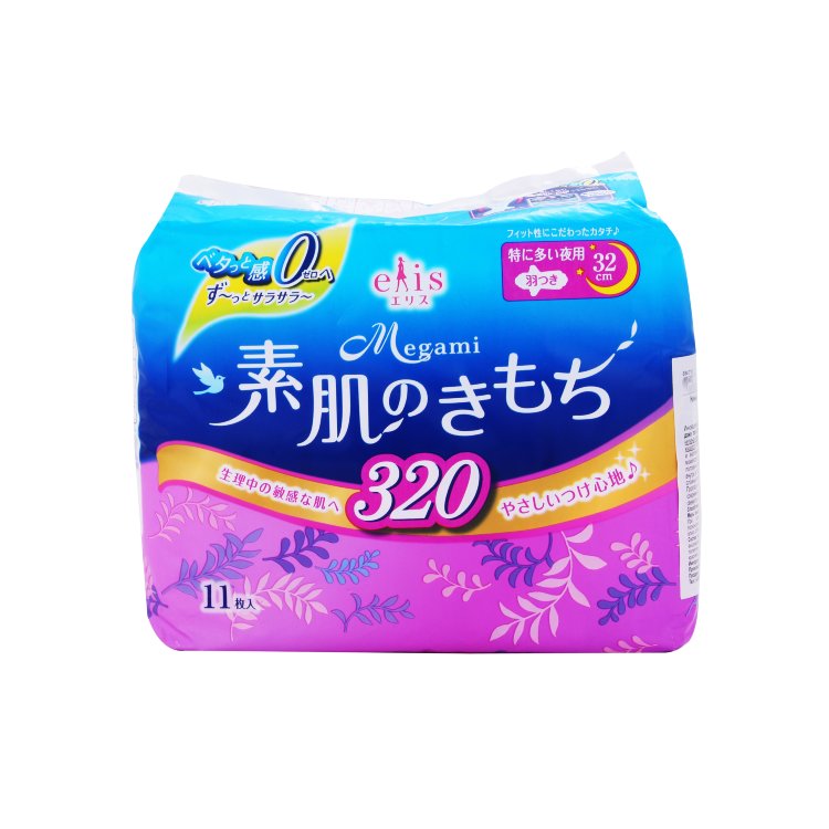 Ночные тонкие особомягкие гигиенические прокладки DAIO «Elis Megami Slim Super» с усиленным впитывающим слоем с крылышками (Супер) 32 см, 11 шт.