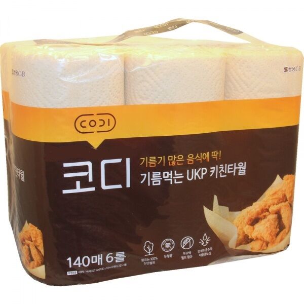 Кухонные салфетки Ssangyoung C&amp;B Codi Absorbing-oil Kitchen Towel (жиропоглощающие, неотбеленные, двухслойные, плотные, тиснёные) 140 листов * 6 рулонов