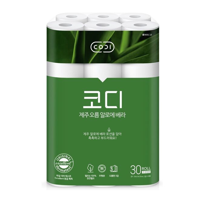 Ультрамягкая туалетная бумага Ssangyoung CODI - Aloe с лосьоно Алоэ Вера (трехслойная, с тисненым рисунком) 30 м * 30 рулонов