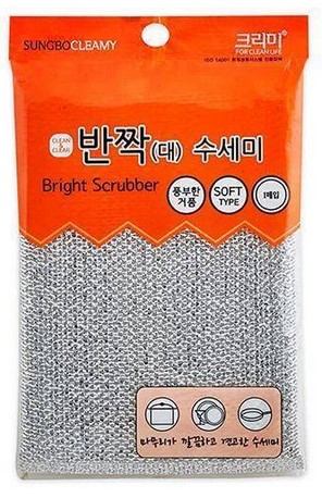 Губка для мытья посуды и кухонных поверхностей Sung Bo Cleamy в серебристой плотной сетке (средней жёсткости)   (20 х 14 х 0,9 см)  х 1 шт