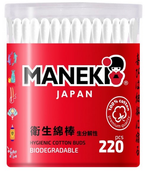 Палочки ватные гигиенические Maneki RED, с белым бумажным стиком, в пластиковом стакане, 220 шт