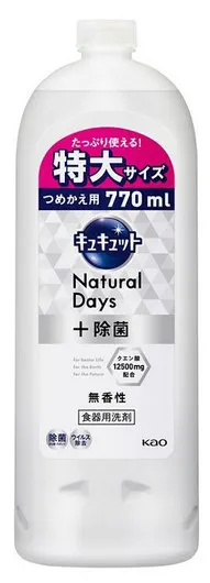 Средство для мытья посуды и кухонных раковин с лимонной кислотой KAO CuCute Natural Days + (без аромата / от стойких загрязнений), запасной блок, 770 мл