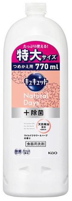 Средство для мытья посуды KAO CuCute Natural Days + (с ароматом полевых цветов и трав / быстрое смывание), запасной блок, 770 мл