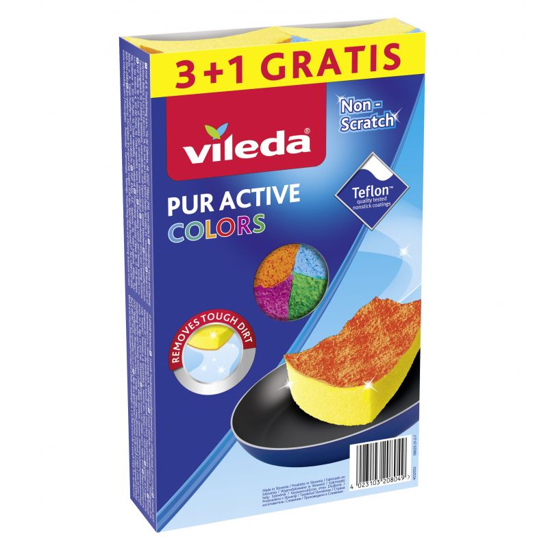Губки кухонные для тефлона Vileda Pur Active Color, 3+1 шт