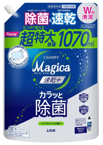 Средство для мытья посуды LION Charmy Magica+ (концентрированное, с ароматом цитруса и мяты), запасной блок, 1070 мл