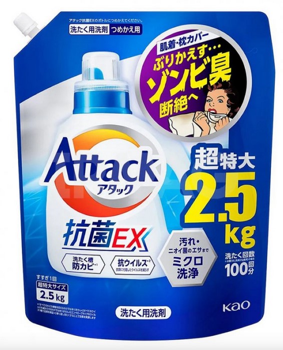 Жидкое средство для стирки KAO Attack EX (концентрат тройного действия), запасной блок 2,5 кг