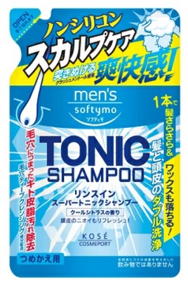 Очищающий и охлаждающий мужской шампунь-кондиционер KOSE Softymo Men’s для волос и кожи головы с краш-ментолом, запасной блок 400 мл