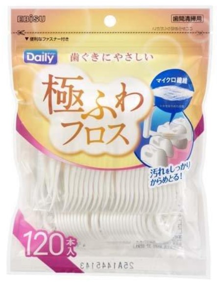 Флосспик с тонкой РАСПУШЕННОЙ зубной нитью EBISU на компактной плоской ручке 120 шт