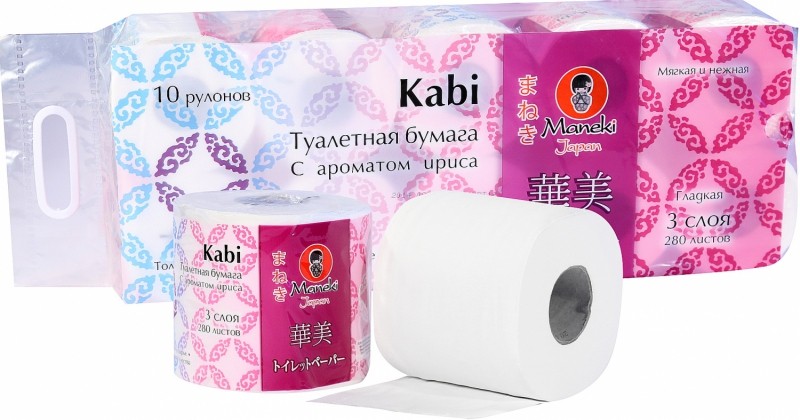 Бумага туалетная MANEKI Kabi, белая, 3 слоя, с ароматом ириса, 10 рулонов в упаковке, 39.2 м