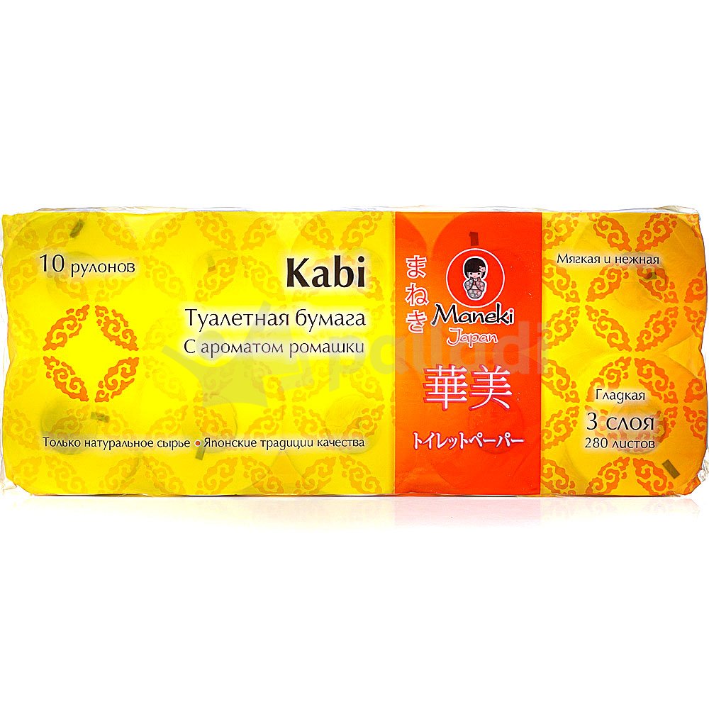 Бумага туалетная MANEKI Kabi, белая, 3 слоя, с ароматом ромашки, 10 рулонов в упаковке, 39.2 м