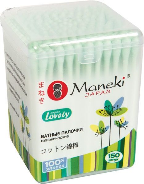 Палочки ватные гигиенические MANEKI Lovely, с зеленым стиком, в пластиковой коробке, 150 шт.