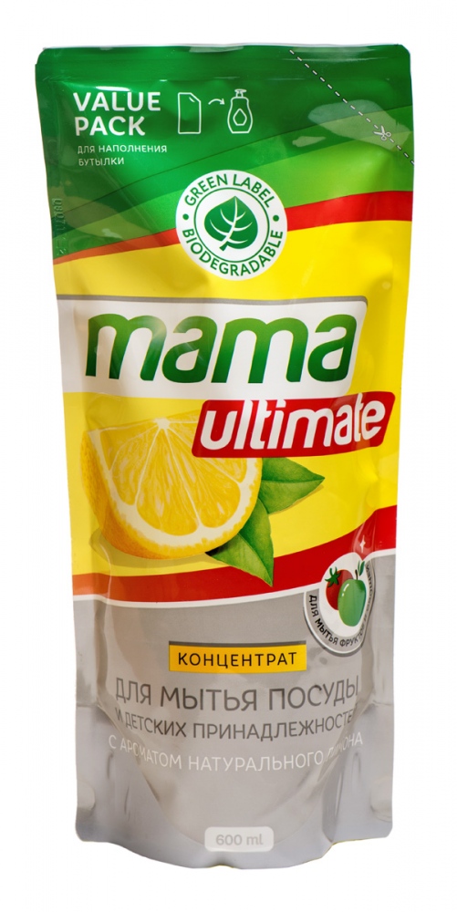 Средство для мытья посуды MAMA LEMON, концентрат Ultimate аромат натурального лимона, сменная упаковка, 600 мл.
