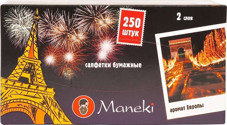 Салфетки бумажные Maneki, серия Dream с ароматом Европы, 2 слоя, белые, 250 шт./коробка
