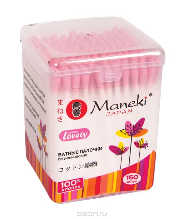 Палочки ватные гигиенические Maneki, серия Lovely, с розовым бумажным стиком, в пластиковой коробке, 150 шт./упак